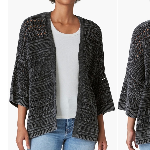 Lucky Brand Dark Acid Wash Open Front Crochet Cardigan Size Small - Picture 1 of 15
